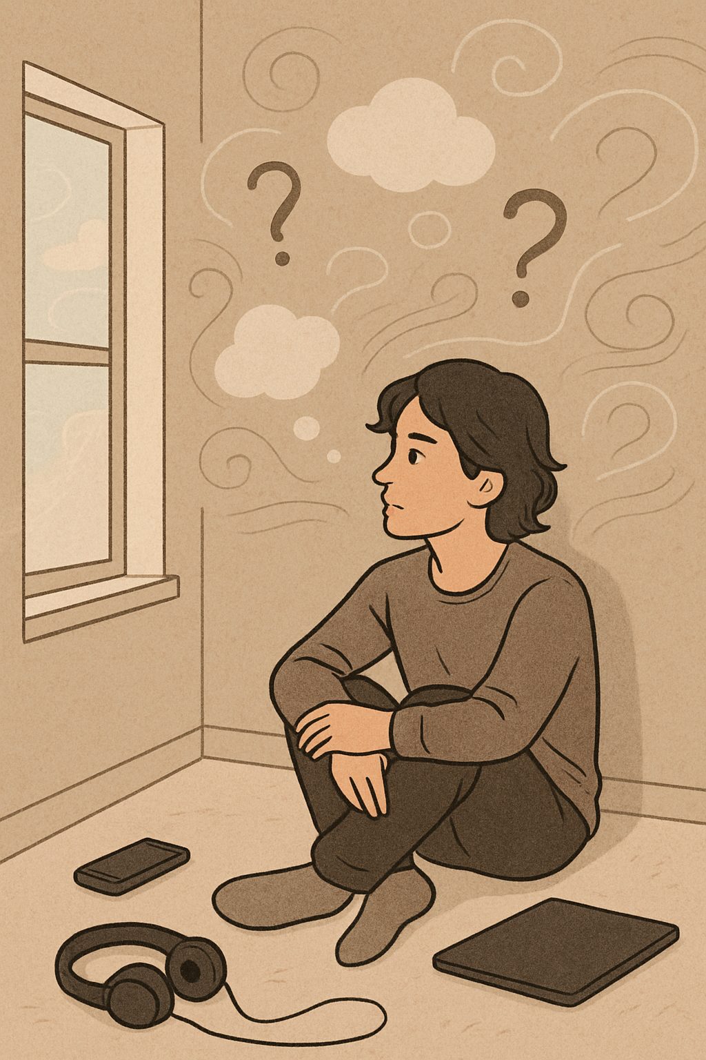 A person sitting on the floor, staring at the window, lost in thought.